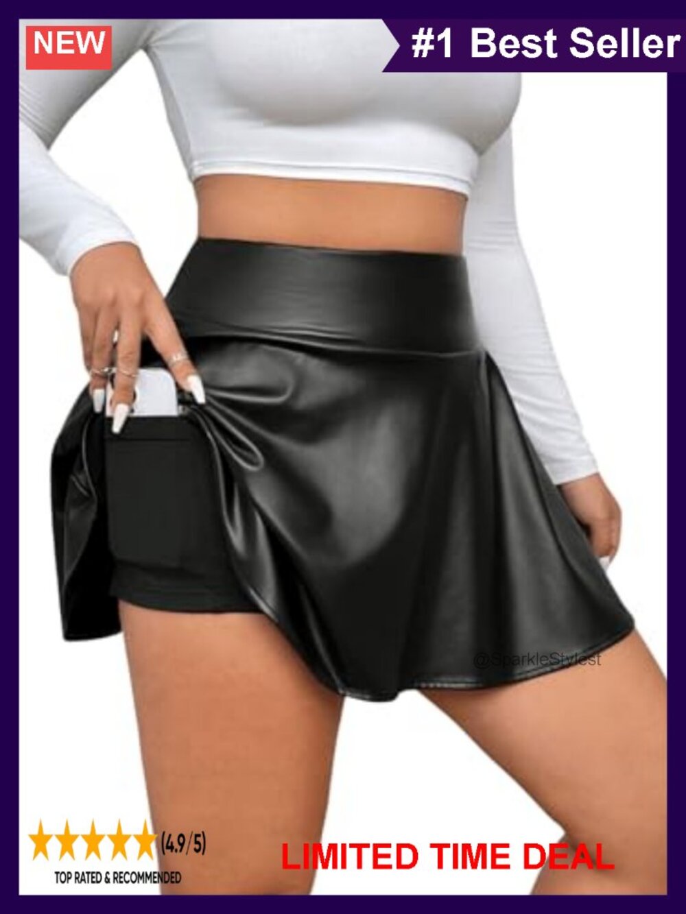 Faux Leather Mini Skort High Waist Ruffle Hem Pleated A-Line Skirt